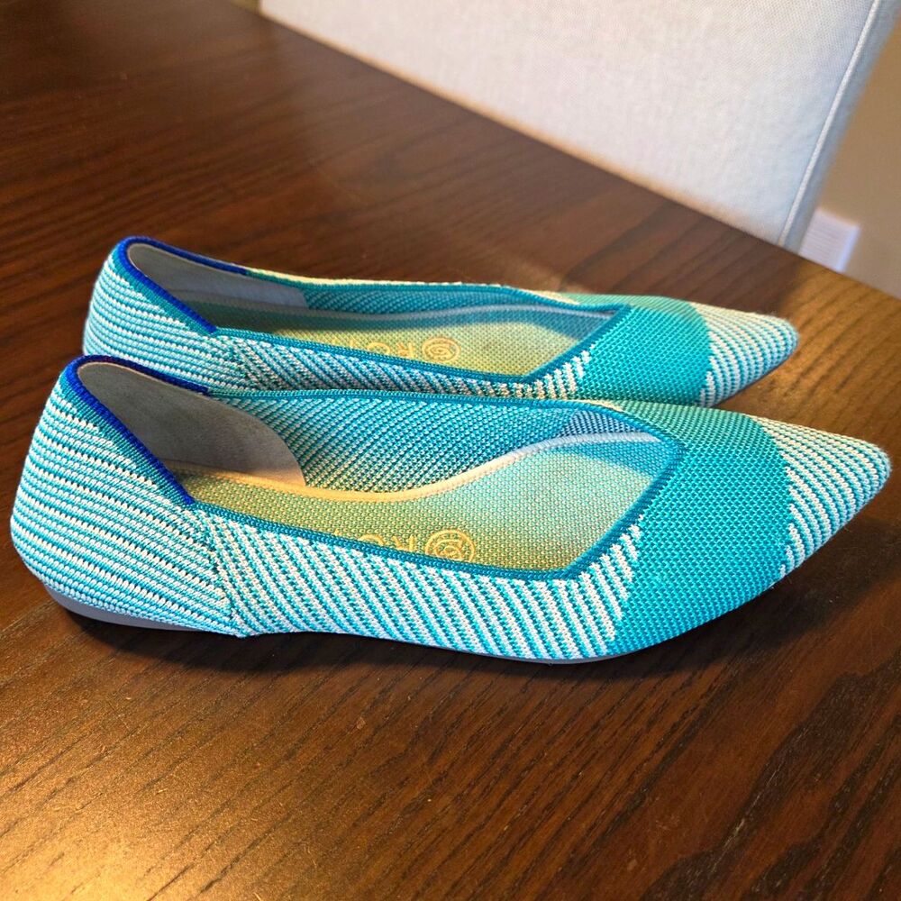 Rothys The Point Flats Womens 7.5 Aqua Teal White Stripe Knit Ballet Shoes